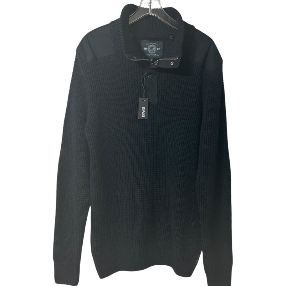 NWT Buffalo David Bitton Black Waffle Knit Sweater W/ Elbow Patches Size Large
